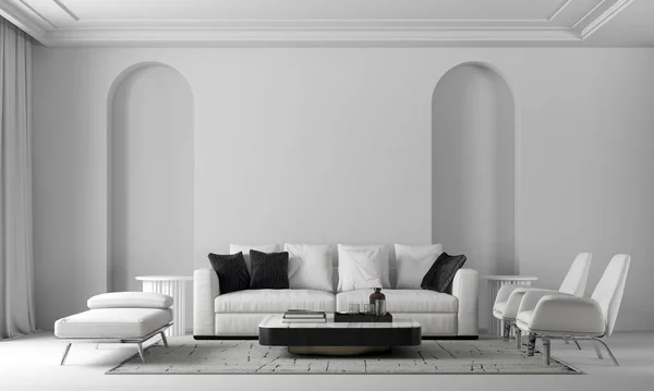 Moderní Útulný Luxusní Dům Bílý Obývací Pokoj Design Interiéru Oblouku — Stock fotografie