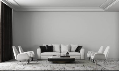 Modern lüks konforlu iç tasarım oturma odası ve dekorasyon beyaz duvar desenli arka plan 