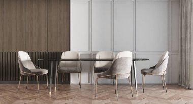 Modern lüks ev ve modeller yemek odası ve ahşap ve beyaz duvar dokusu arka planının iç tasarımı.