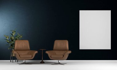 Modern konforlu oturma odası ve mavi duvar dokusu iç tasarım ve resim çerçevesi / 3D görüntüleme