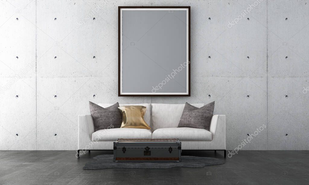 Thel living room interior mock up, white sofa on empty concrete wall background, Scandinavian style, 3d render 