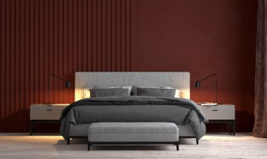 Modern yatak odası ve kırmızı duvar dokusu arka plan iç tasarım / 3D görüntüleme