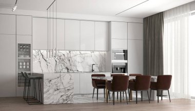 Modern rahat kiler alanı ve mutfak ve mermer duvar dokusu iç tasarım / 3D görüntüleme