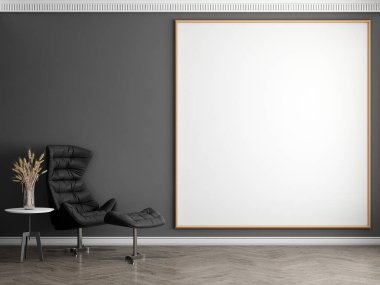 Minimum oturma odası ve tuval çerçeve boş gri duvar desenli arkaplan, 3D görüntüleme
