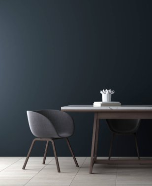 Minimum yemek odasının iç tasarımı ve boş mavi duvar desenli arka plan, 3D