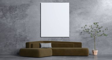 Boş beton duvar desenli zemin üzerine asgari oturma odası ve branda çerçeve iç tasarımı, 3D