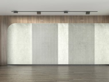 Boş oturma odasının iç tasarımı ve boş beton duvar desenli arka plan, 3D görüntüleme