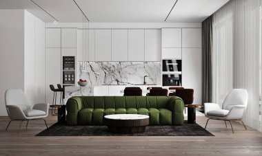 Modern ev yapımı oturma ve yemek odası alanı, rahat çay masası ve beyaz oturma odasındaki dekorasyon, 3D