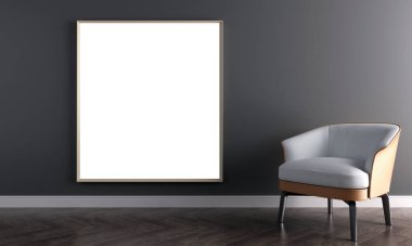 Beyaz duvarlı oturma odasına, rahat bir kanepe, gri arka plan, 3D çizim, 3D illüstrasyon.