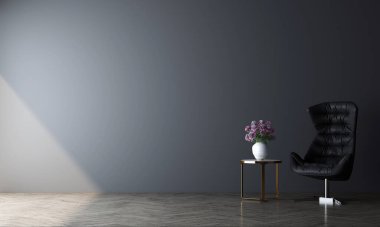 Modern konforlu ve lüks ev ve siyah oturma odası iç tasarım ve kemerli duvar patırtısı arka plan / 3D canlandırması