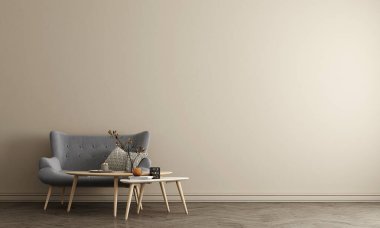 Bej duvar ve içinde çay masası ve dekor olan minimum oturma odası. 3d canlandırma çizimi maketi