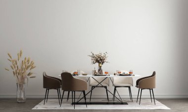 Modüler ahşap sandalyeleri, ahşap masaları, bitkileri, nötr oda ayırıcısı, dekorasyonu ve zarif aksesuarları olan yemek odasının iç tasarımı. Modern tropikal ev dekorasyonu, 3D görüntüleme