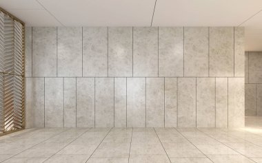 Modern konforlu boş oturma odası ve mermer kiremit duvar dokusu iç tasarım, çağdaş tarz 