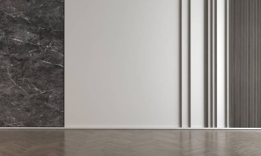 Modern boş oturma odası ve duvar dokusu arka plan tasarımı, modern tarz, ahşap zemin dekorasyonu var. 