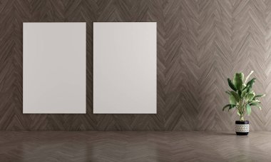 Modern rahat poster çerçevesi oturma odasında ve ahşap duvar dokusu iç tasarım, çağdaş tarz, ahşap zemin dekorasyonu var. 