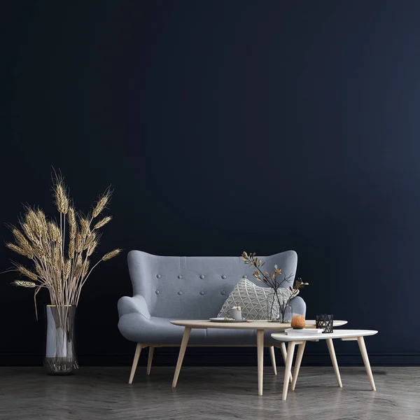 The Mock up furniture design in modern interior and blue wall background, minimal living room, Scandinavian style, 3D render, 3D illustration