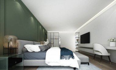 Dekorlu ev tasarımı ve yeşil yatak odalı maket, boş duvar dokusu arkaplanı, 3D görüntüleme