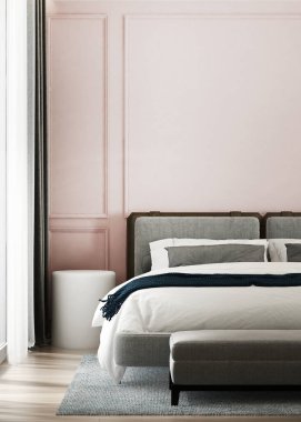 Dekorlu ev tasarımı ve pembe yatak odası modeli, boş duvar dokusu arkaplanı, 3D görüntüleme