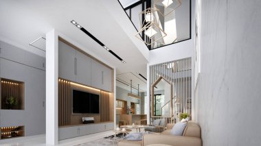 Masa ve sandalyeli ev içi arka plan, oturma odasındaki dekor, duvar dokusu arka planındaki boş tuval, 3D görüntüleme