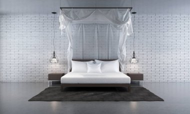 Yatak odasında ahşap ve maketli ev tasarımı, beyaz duvar dokusu arkaplanı, 3D görüntüleme