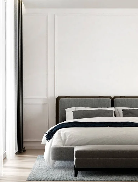 モダンなベッドルームのインテリアデザインと白い壁のテクスチャの背景 — ストック写真