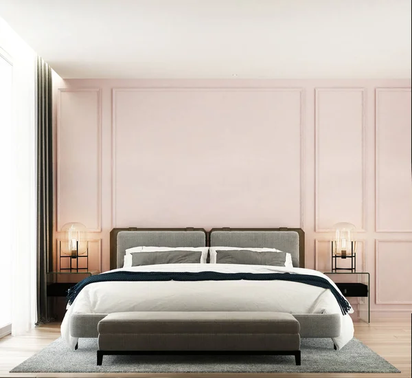 室内设计 粉红卧室装潢和造型 空墙质感背景 3D渲染 — 图库照片