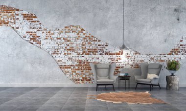Salon ve oturma odası iç tasarım ve tuğla duvar dokusu arka planı, Yeni 3D iç tasarım sahnesi