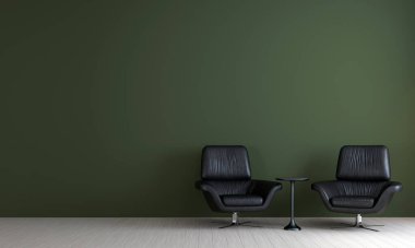 Modern oturma odası ve yeşil duvar arka planının tasarımı ve tasarımı.