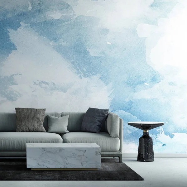 家や装飾家具は 最小限のリビングルームと青の壁のテクスチャの背景のインテリアデザインをモック — ストック写真