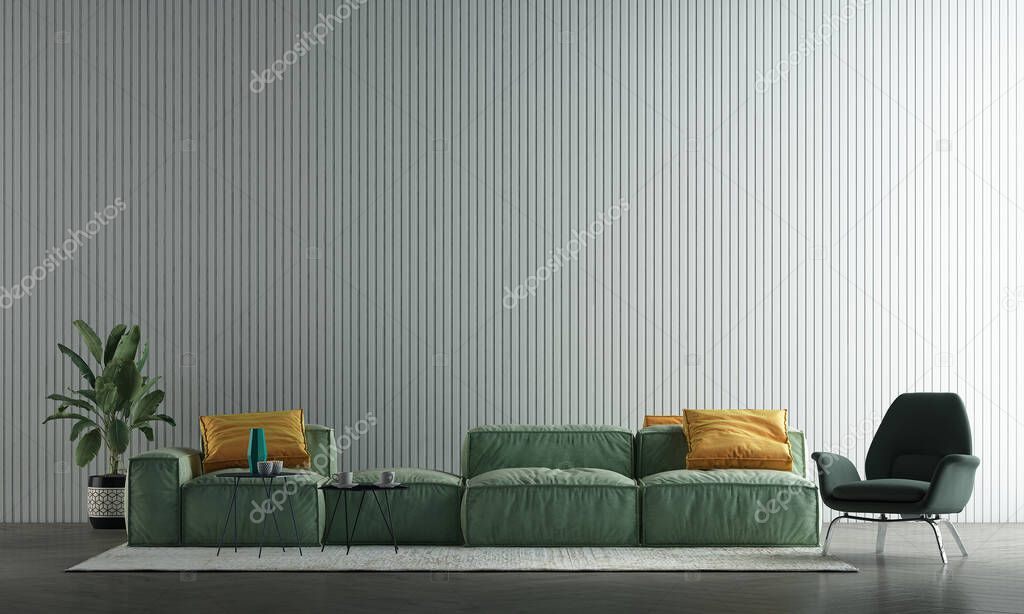 Home and decoration furniture mock up interior design of minimal living room and green sofa and empty white wall texture background