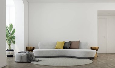 Ev ve dekorasyon modern oturma odasının mobilya ve iç tasarımı ve boş beyaz duvar dokusu arkaplanı, 3D görüntüleme