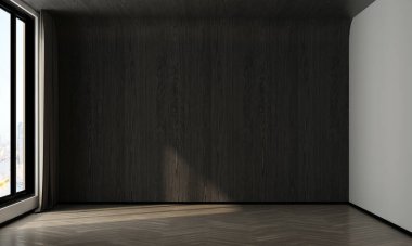 Ev ve dekorasyon mobilyaları boş oturma odasının iç tasarımı ve ahşap duvar dokusu arkaplanı, 3D görüntüleme