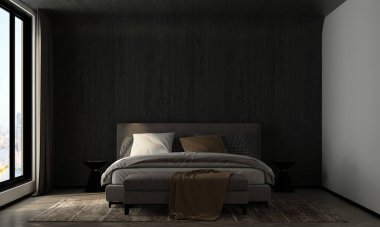 Ev ve dekorasyon mobilyaları yatak odasının iç tasarımı ve boş ahşap duvar dokusu arkaplanı, 3D görüntüleme
