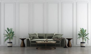 Yüzyılın ortalarında modern oturma odasının içi ve geen kanepesi ve beyaz duvar dokusu arka planı