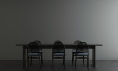 Modern yemek odası iç mekan ve siyah masa ve sandalyeler ve boş duvar dokusu arka plan