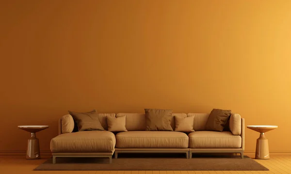 Modern Living Room Interior Leather Sofa Empty Yellow Wall Texture — Stock Photo, Image