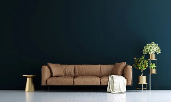 モダンなリビングルームのインテリアと革のソファと青い壁のテクスチャの背景 — ストック写真