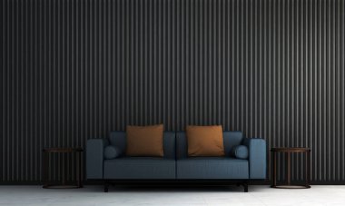 Modern siyah oturma odası iç tasarım ve boş duvar arkaplanı