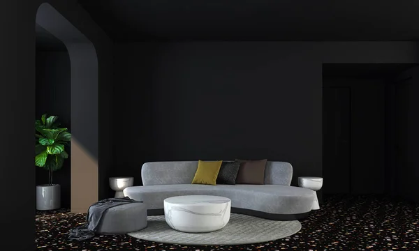 Minimum Oturma Odası Tasarımı Siyah Duvar Arkaplanı — Stok fotoğraf