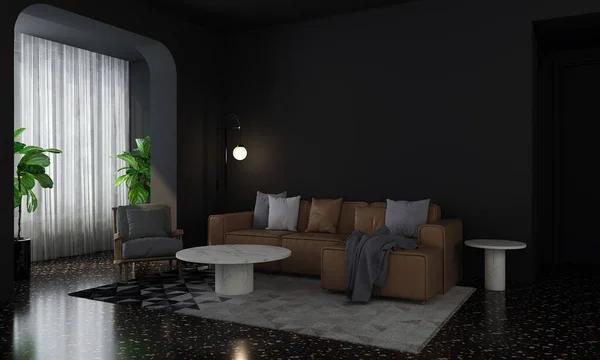 Moderne Confortable Salon Noir Design Intérieur Fond Mur Vide — Photo