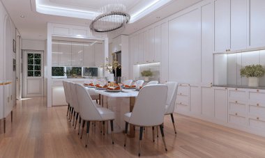 İç dekorasyon ve yemek odası tasarımı ve beyaz duvar dokusu arka planı.. 