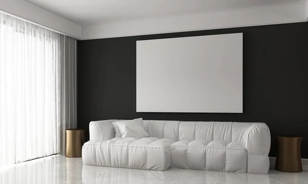 Interior Mock Decoration Living Room Design Canvas Frame Black Wall — Stock Photo, Image