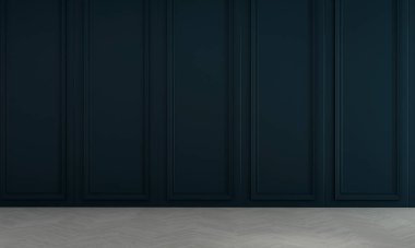 Ev ve dekorasyon ve boş oturma odası iç mekan ve mavi duvar dokusu arka plan. 3B görüntüleme