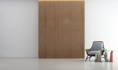 Minimum oturma odası iç tasarımı ve ahşap duvar dokusu arka planı 