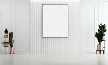 Modern oturma odası ve beyaz duvar dokusu arka plan ve boş tuval çerçeve iç tasarımı