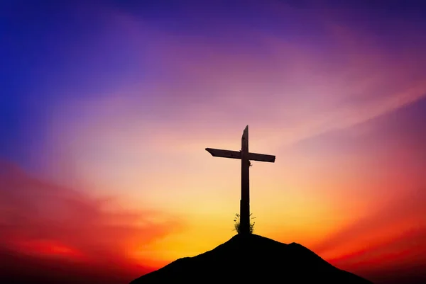 Christliches Kreuz Bei Sonnenaufgang Oder Sonnenuntergang Konzept Der Religion Mit — Stockfoto