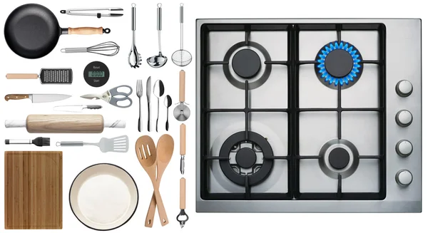 Kitchen utensils on white background top view