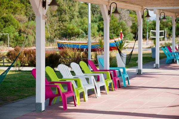 Row Coulored Beach Chairs Patio Beach — Stock Photo, Image