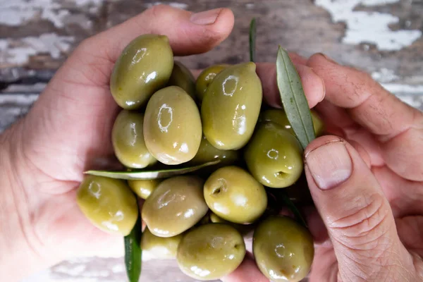 Fotografische Voorstelling Van Een Groep Groene Olijven Het Bezit Van — Stockfoto