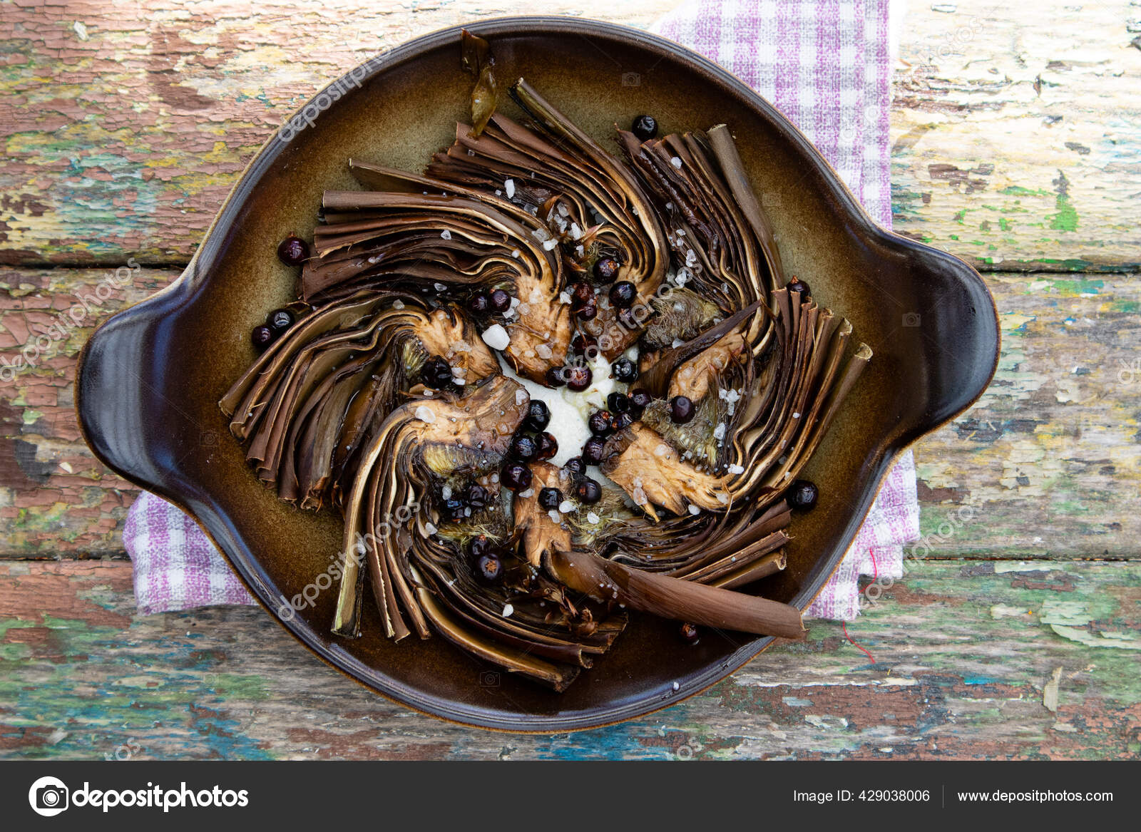 Presentation Dish Artichokes Baked Oven Juniper Berry Stock Photo by